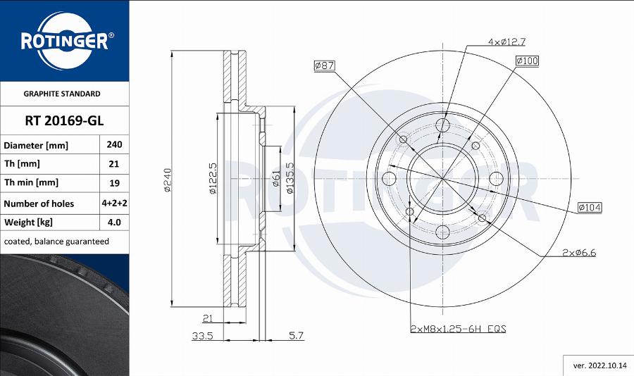 Rotinger RT 20169-GL - Тормозной диск autospares.lv