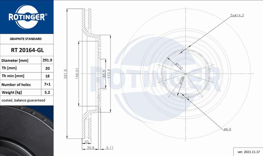 Rotinger RT 20164-GL - Тормозной диск autospares.lv