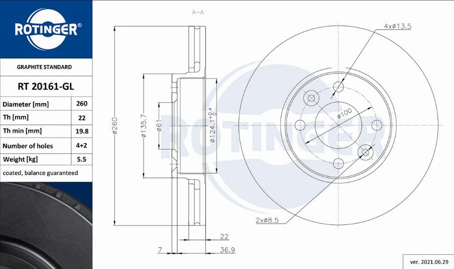 Rotinger RT 20161-GL - Тормозной диск autospares.lv