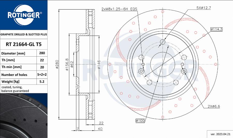 Rotinger RT 21664-GL T5 - Тормозной диск autospares.lv