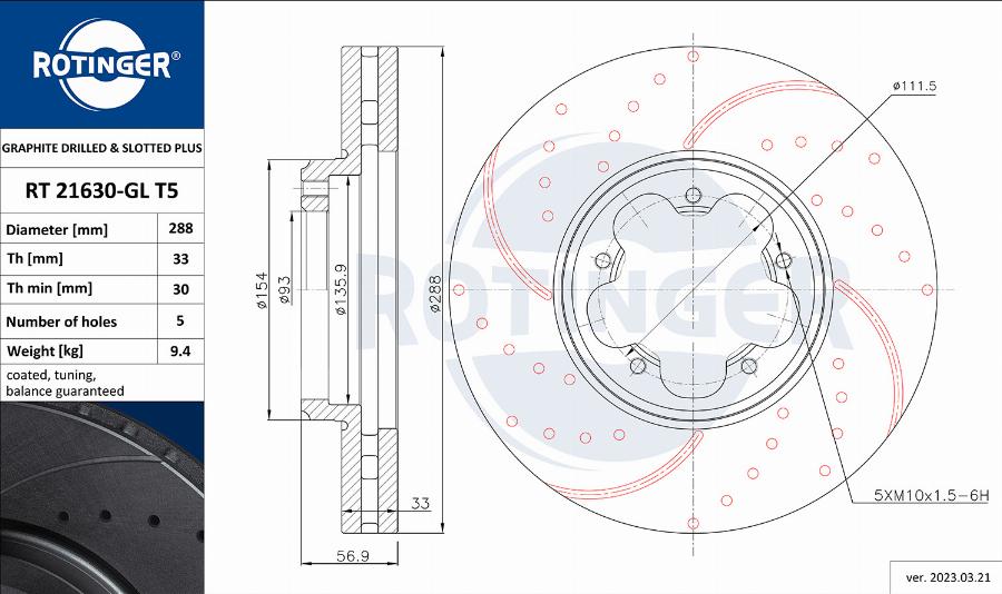 Rotinger RT 21630-GL T5 - Тормозной диск autospares.lv