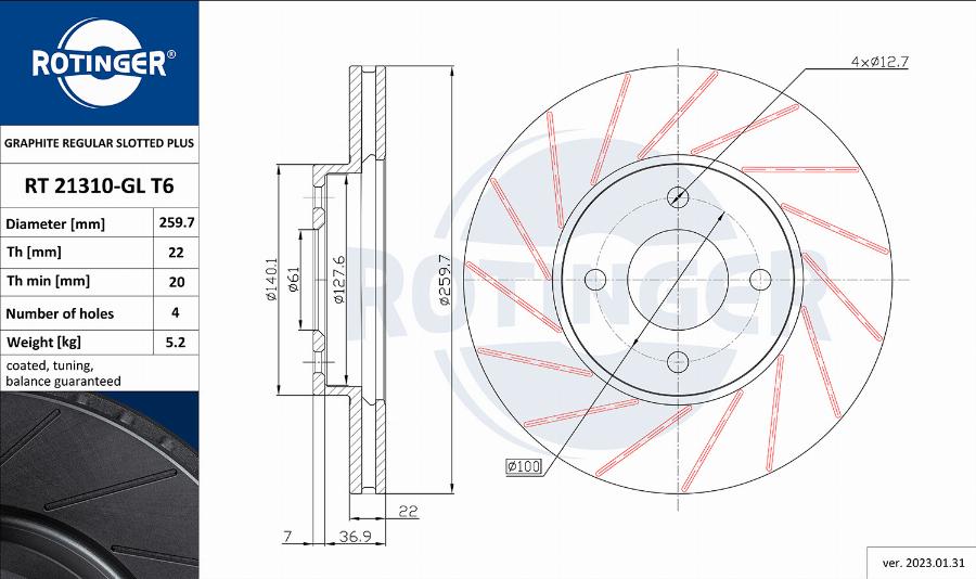 Rotinger RT 21310-GL T6 - Тормозной диск autospares.lv