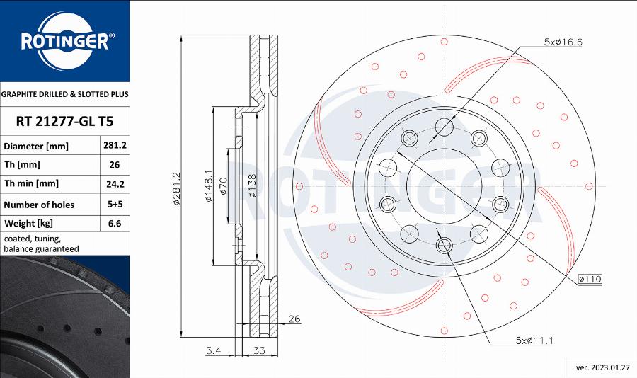 Rotinger RT 21277-GL T5 - Тормозной диск autospares.lv