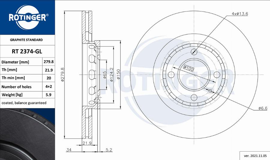 Rotinger RT 2374-GL - Тормозной диск autospares.lv