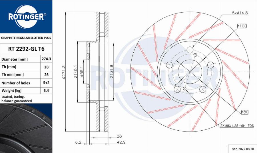 Rotinger RT 2292-GL T6 - Тормозной диск autospares.lv