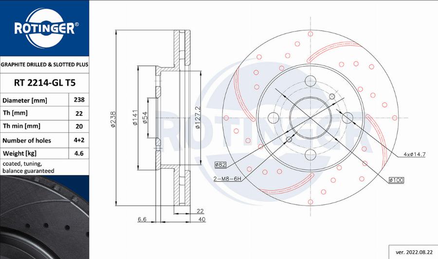 Rotinger RT 2214-GL T5 - Тормозной диск autospares.lv