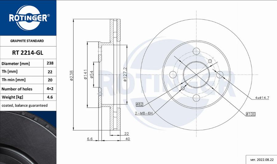 Rotinger RT 2214-GL - Тормозной диск autospares.lv