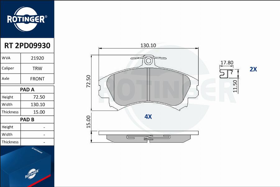 Rotinger RT 2PD09930 - Тормозные колодки, дисковые, комплект autospares.lv