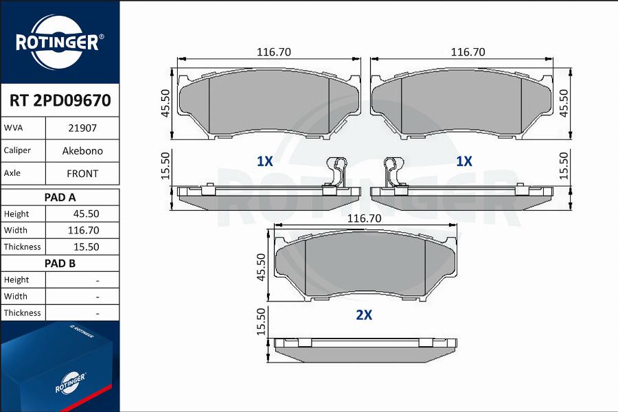 Rotinger RT 2PD09670 - Тормозные колодки, дисковые, комплект autospares.lv