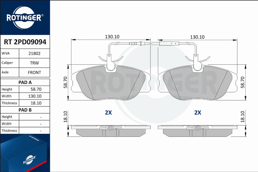 Rotinger RT 2PD09094 - Тормозные колодки, дисковые, комплект autospares.lv