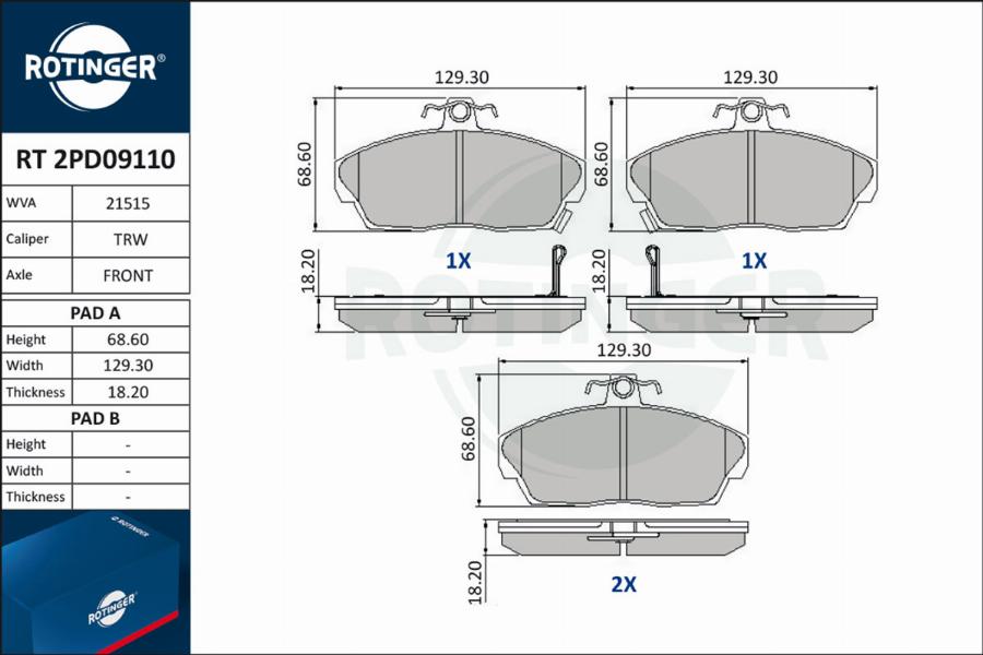 Rotinger RT 2PD09110 - Тормозные колодки, дисковые, комплект autospares.lv