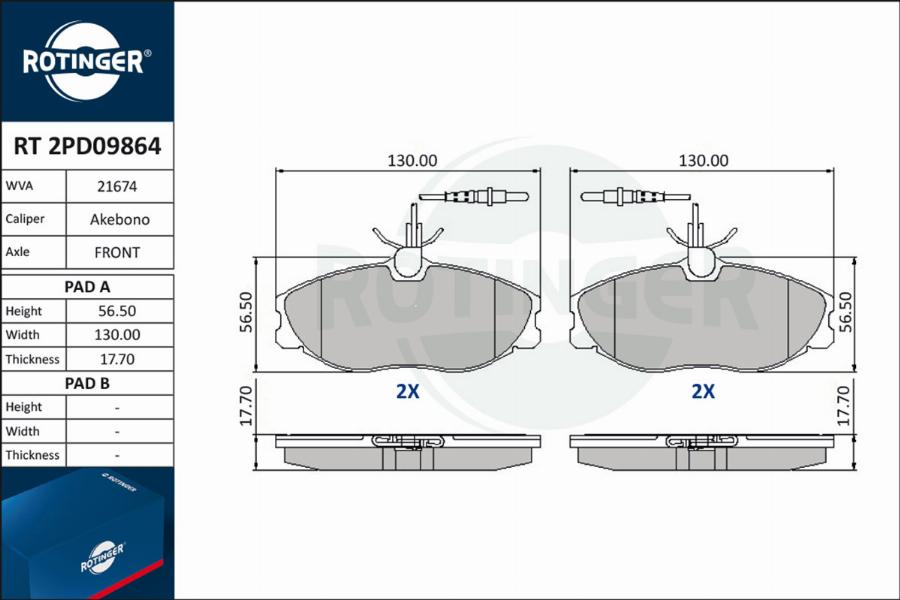 Rotinger RT 2PD09864 - Тормозные колодки, дисковые, комплект autospares.lv