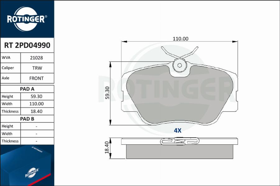 Rotinger RT 2PD04990 - Тормозные колодки, дисковые, комплект autospares.lv