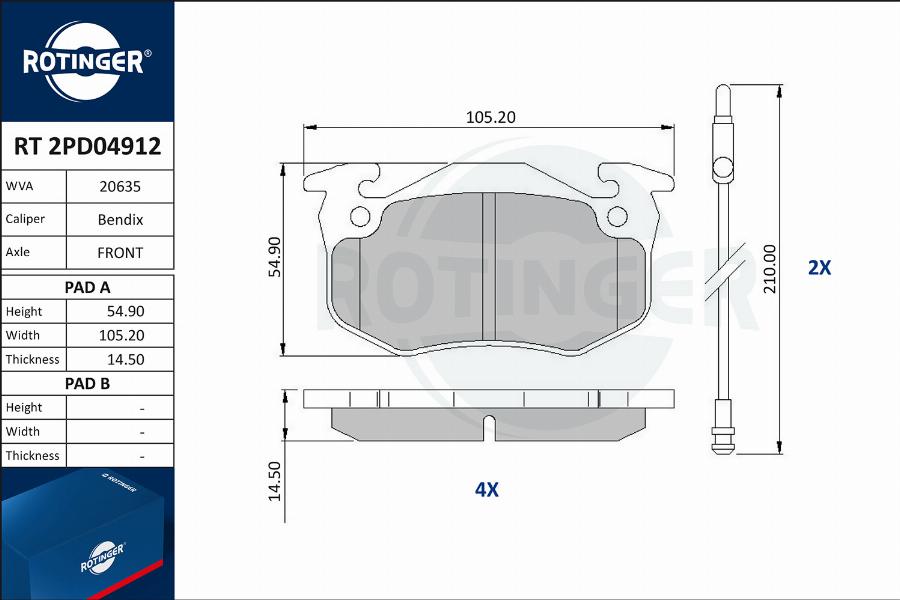 Rotinger RT 2PD04912 - Тормозные колодки, дисковые, комплект autospares.lv