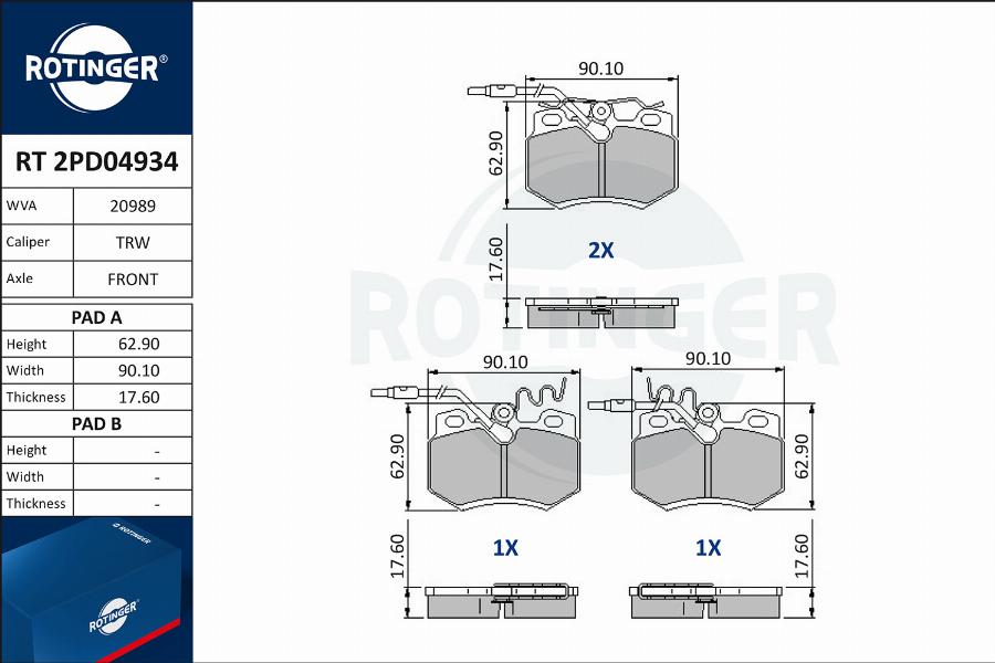 Rotinger RT 2PD04934 - Тормозные колодки, дисковые, комплект autospares.lv