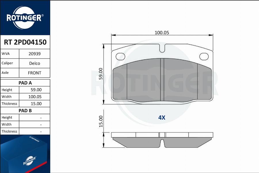 Rotinger RT 2PD04150 - Тормозные колодки, дисковые, комплект autospares.lv