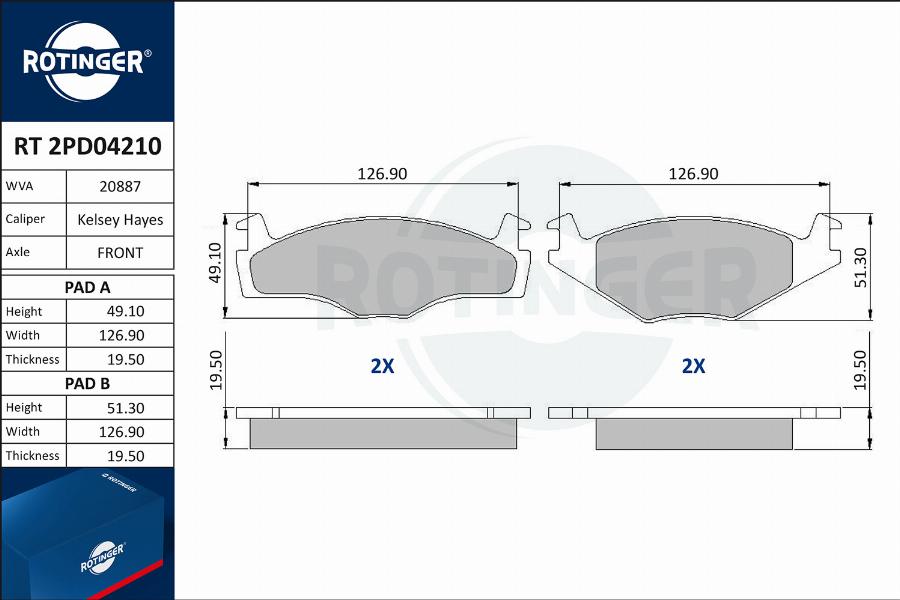 Rotinger RT 2PD04210 - Тормозные колодки, дисковые, комплект autospares.lv