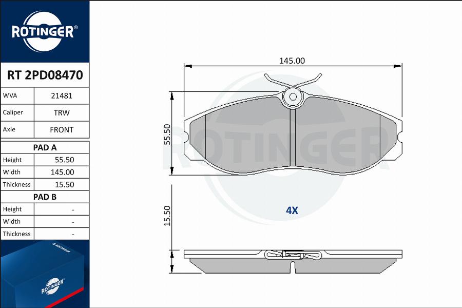 Rotinger RT 2PD08470 - Тормозные колодки, дисковые, комплект autospares.lv