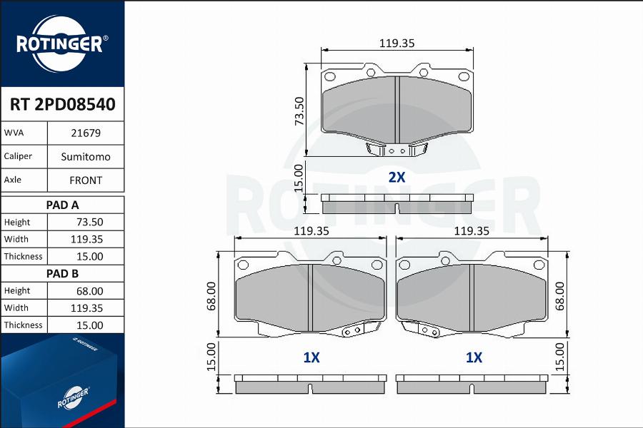 Rotinger RT 2PD08540 - Тормозные колодки, дисковые, комплект autospares.lv