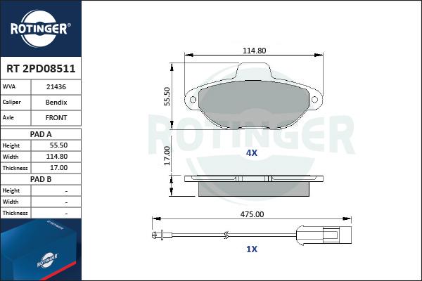 Rotinger RT 2PD08511 - Тормозные колодки, дисковые, комплект autospares.lv