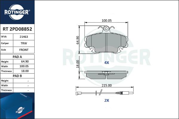 Rotinger RT 2PD08852 - Тормозные колодки, дисковые, комплект autospares.lv