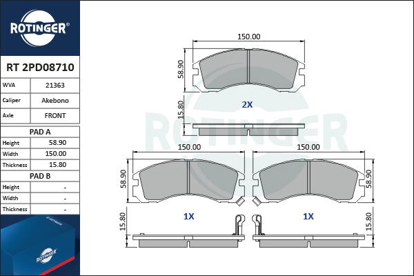 Rotinger RT 2PD08710 - Тормозные колодки, дисковые, комплект autospares.lv