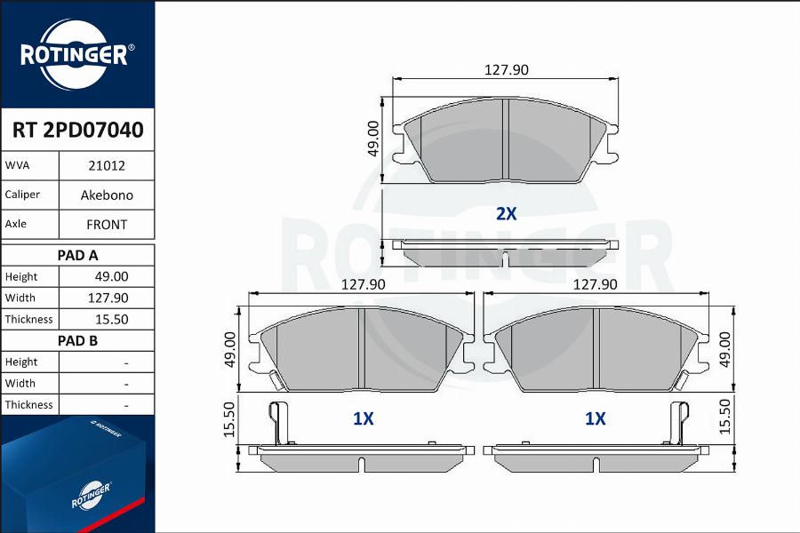 Rotinger RT 2PD07040 - Тормозные колодки, дисковые, комплект autospares.lv