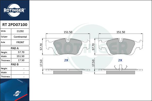 Rotinger RT 2PD07100 - Тормозные колодки, дисковые, комплект autospares.lv