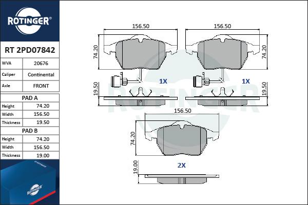 Rotinger RT 2PD07842 - Тормозные колодки, дисковые, комплект autospares.lv