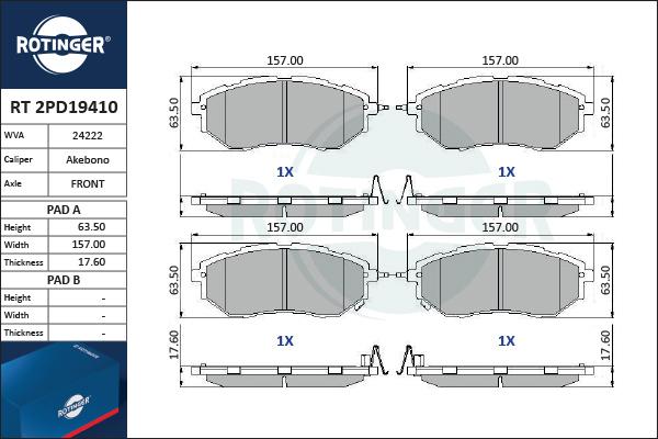 Rotinger RT 2PD19410 - Тормозные колодки, дисковые, комплект autospares.lv