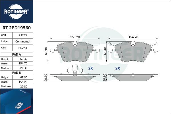 Rotinger RT 2PD19560 - Тормозные колодки, дисковые, комплект autospares.lv