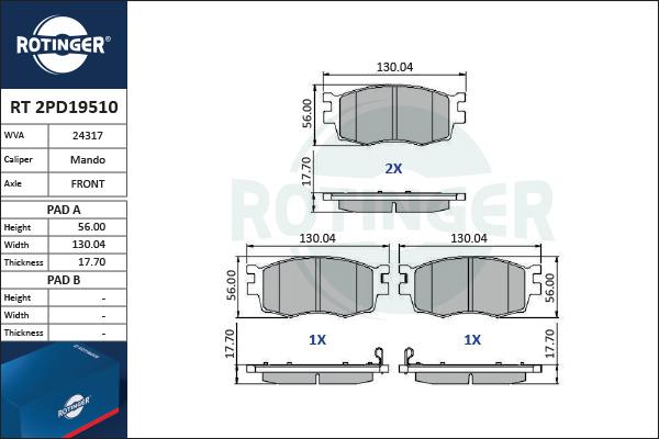 Rotinger RT 2PD19510 - Тормозные колодки, дисковые, комплект autospares.lv