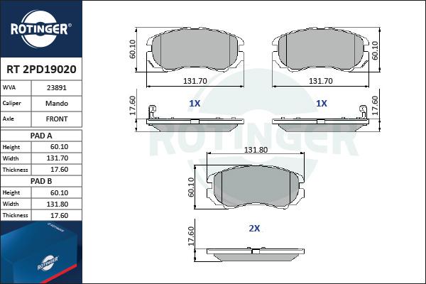 Rotinger RT 2PD19020 - Тормозные колодки, дисковые, комплект autospares.lv