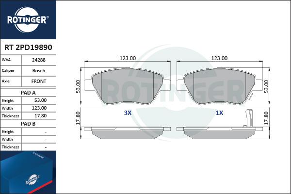 Rotinger RT 2PD19890 - Тормозные колодки, дисковые, комплект autospares.lv