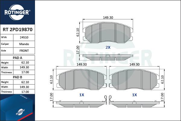 Rotinger RT 2PD19870 - Тормозные колодки, дисковые, комплект autospares.lv