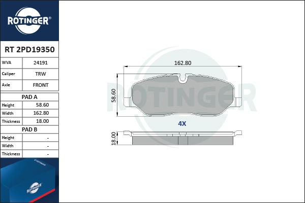 Rotinger RT 2PD19350 - Тормозные колодки, дисковые, комплект autospares.lv