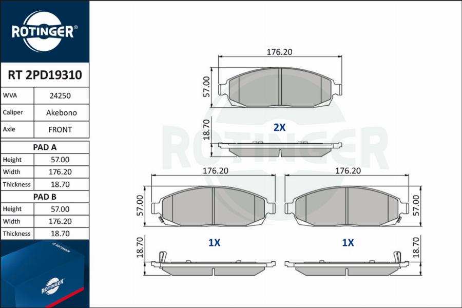 Rotinger RT 2PD19310 - Тормозные колодки, дисковые, комплект autospares.lv