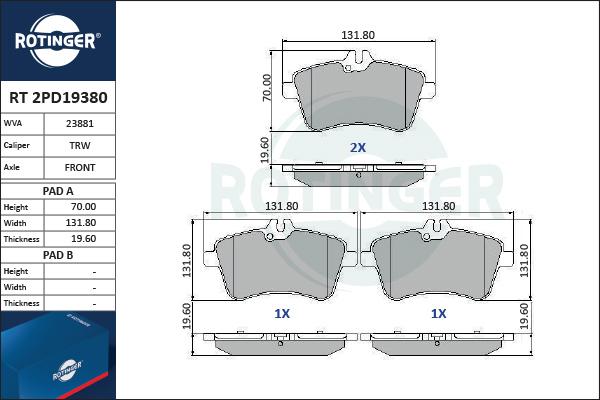 Rotinger RT 2PD19380 - Тормозные колодки, дисковые, комплект autospares.lv