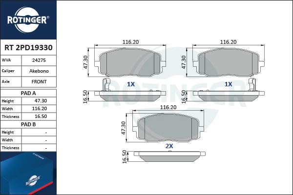 Rotinger RT 2PD19330 - Тормозные колодки, дисковые, комплект autospares.lv