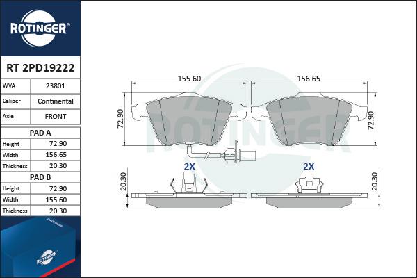 Rotinger RT 2PD19222 - Тормозные колодки, дисковые, комплект autospares.lv