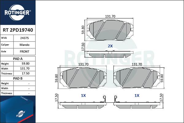 Rotinger RT 2PD19740 - Тормозные колодки, дисковые, комплект autospares.lv