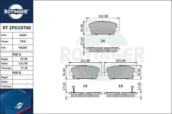 Rotinger RT 2PD19700 - Тормозные колодки, дисковые, комплект autospares.lv