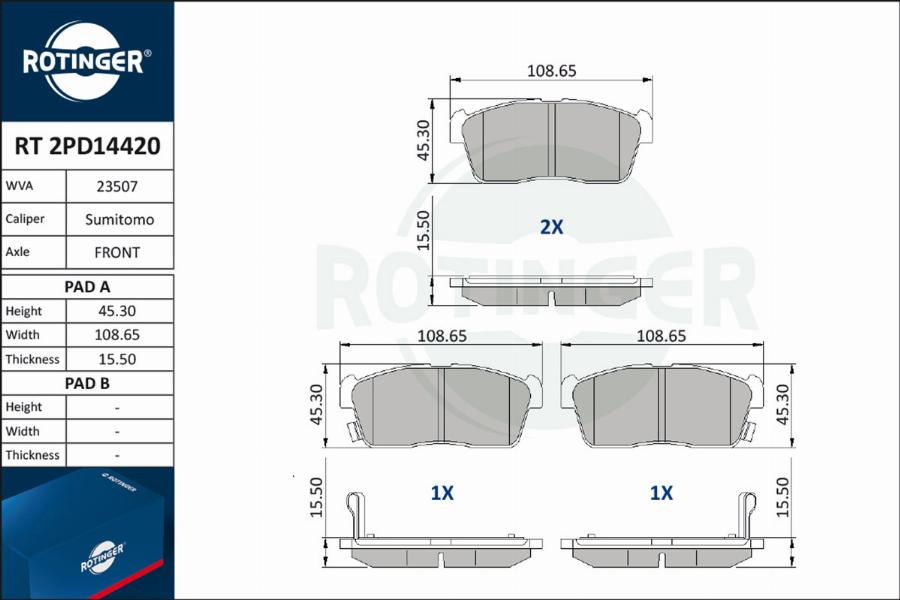 Rotinger RT 2PD14420 - Тормозные колодки, дисковые, комплект autospares.lv