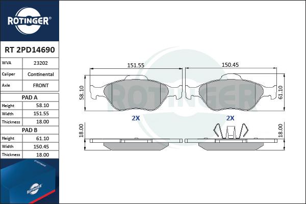 Rotinger RT 2PD14690 - Тормозные колодки, дисковые, комплект autospares.lv