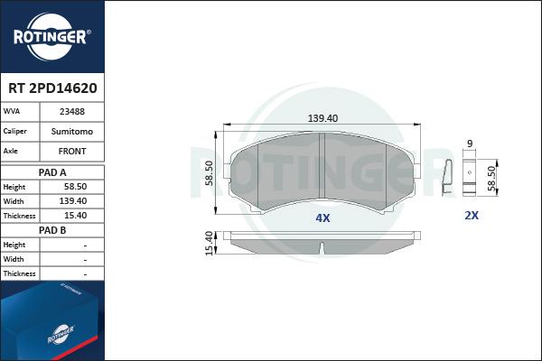 Rotinger RT 2PD14620 - Тормозные колодки, дисковые, комплект autospares.lv