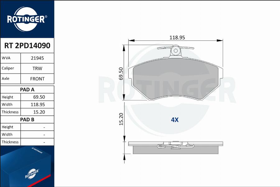 Rotinger RT 2PD14090 - Тормозные колодки, дисковые, комплект autospares.lv