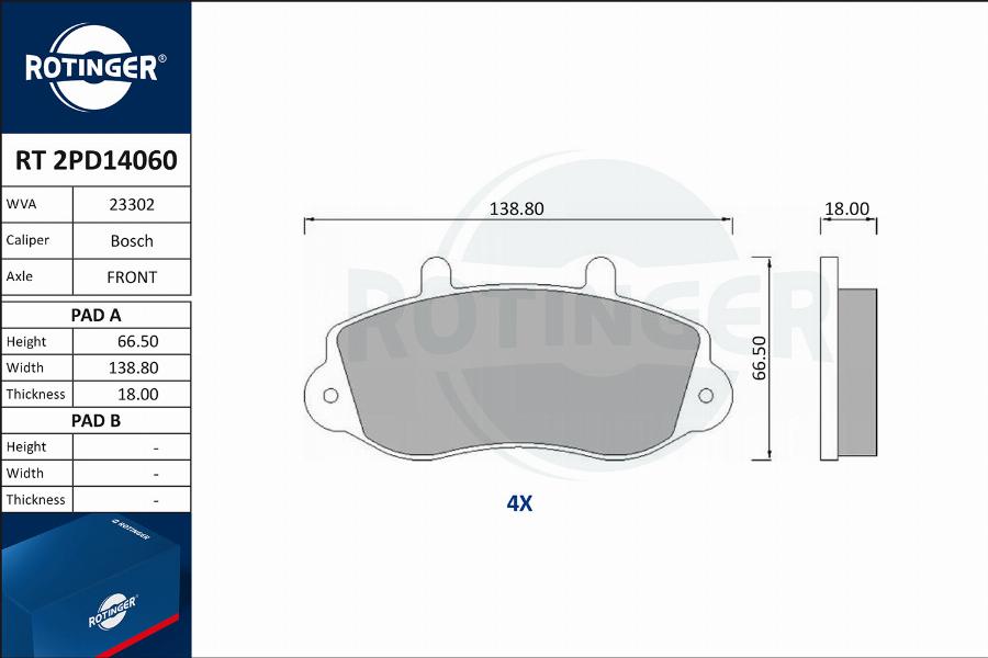 Rotinger RT 2PD14060 - Тормозные колодки, дисковые, комплект autospares.lv