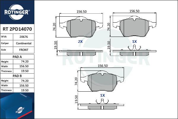 Rotinger RT 2PD14070 - Тормозные колодки, дисковые, комплект autospares.lv