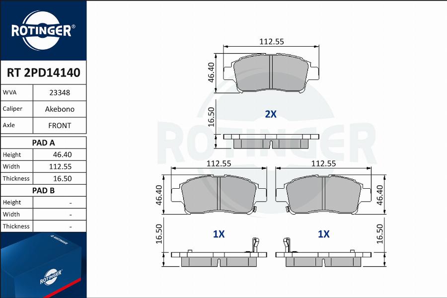 Rotinger RT 2PD14140 - Тормозные колодки, дисковые, комплект autospares.lv