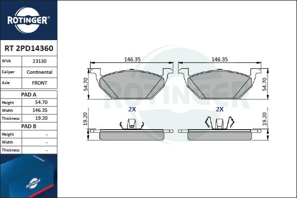 Rotinger RT 2PD14360 - Тормозные колодки, дисковые, комплект autospares.lv